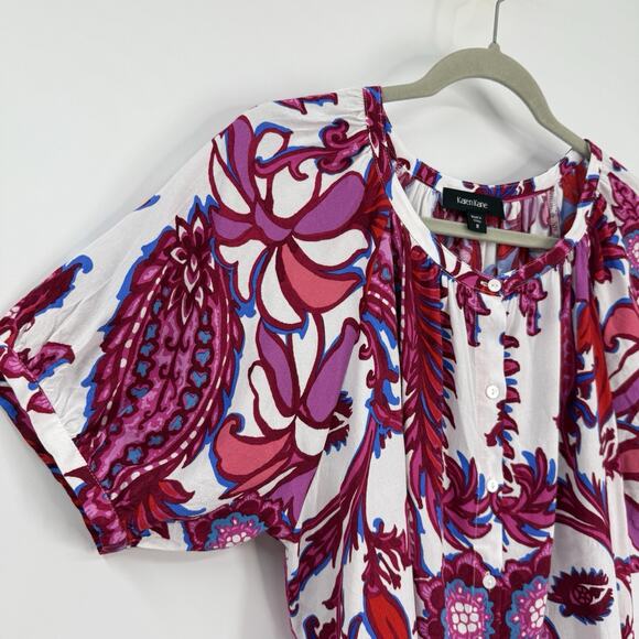 Karen Kane Top Pink Floral Puff Sleeve Button up Crepe Tropical - Picture 4 of 10